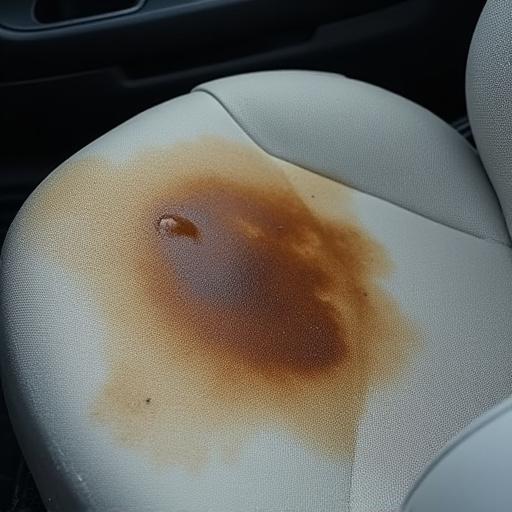 Asiento de tela de coche con una gran mancha de café.