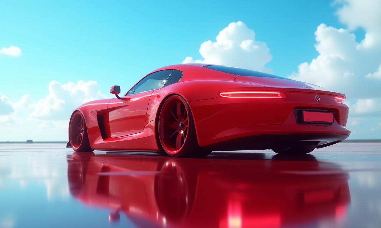 Un coche deportivo rojo recién pulido reflejando el cielo.