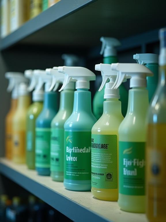 Botellas de productos de limpieza de coches biodegradables en un estante.