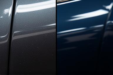 Vista de 50/50 de un panel de coche mostrando la corrección de pintura.