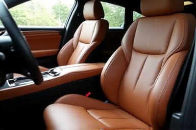 Interior de un coche de lujo con asientos de cuero limpios y aspirados.